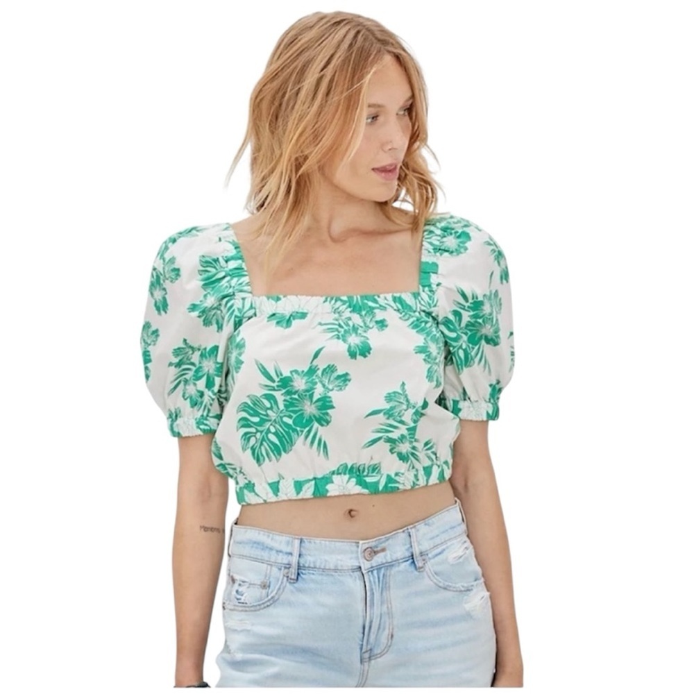 2/$30 American Eagle Green White Tropical Print Puff Sleeve Crop Top Size Small